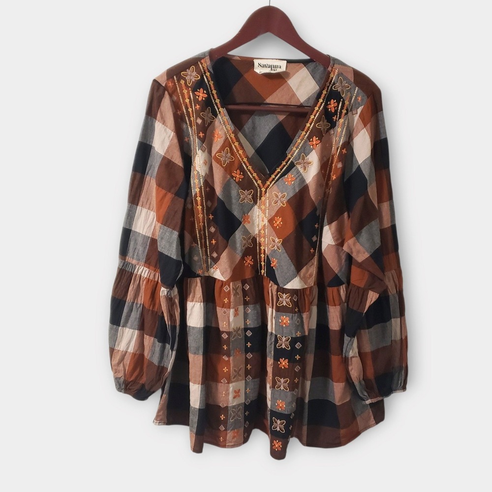 Savanna Jane 3X Plaid Floral Embroidered Peasant Tunic Top Brown Boho